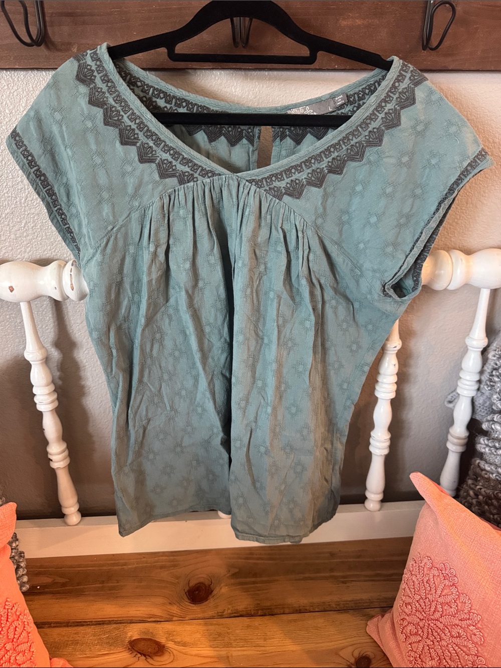 Prana Light Teal Embroidered Cap-Sleeve Blouse